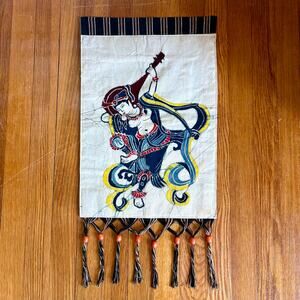 Vintage Textile Wall Hanging Musician Tapestry Beaded Fringe Folk Art